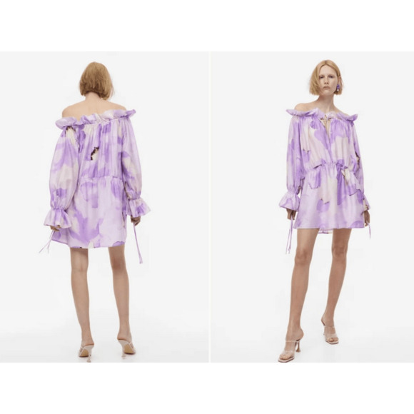 H&M Dresses & Skirts - H&M Dress Flower Hour Oversized Off The Shoulder Purple Boho Feminine Preppy